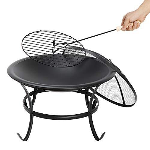 22Inches Fire Pit Outdoor Steel Wood Burning BBQ Grill Firepit Bowl Fireplace with Mesh Screen & Fire Poker, Log Grate - CookCave