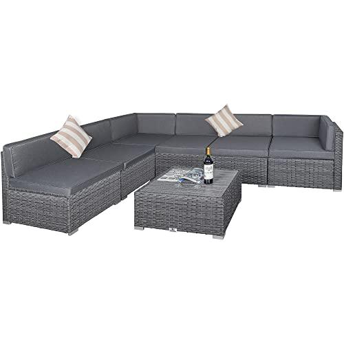 7 Piece Outdoor Patio Furniture Sets with Cushions, Outdoor Sectional Sofa Set, Patio PE Rattan Wicker Conversation Couch Sets with Slatted Coffee Table, and Striped Pillows (Light Gray/Gray) - CookCave