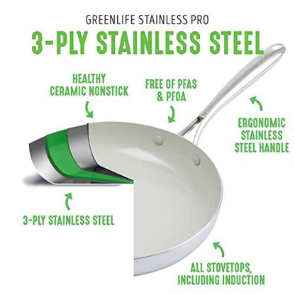 GreenLife Tri-Ply Stainless Steel Healthy Ceramic Nonstick, 8" Frying Pan Skillet, PFAS-Free, Multi Clad, Induction, Dishwasher Safe, Oven Safe, Silver - CookCave