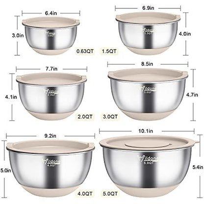 Wildone Mixing Bowls with Airtight Lids, 22 PCS Stainless Steel Nesting Bowls, with 3 Grater Attachments, Scale Marks & Non-Slip Bottom, Size 5, 4, 3, 2,1.5, 0.63QT, Ideal for Mixing & Prepping - CookCave