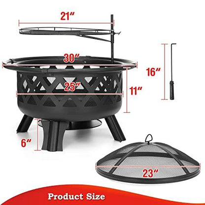 SINGLYFIRE 30 Inch Fire Pits for Outside with Grill Outdoor Wood Burning Firepit Large Steel Firepit Bowl for Patio Backyard Picnic Garden with Swivel BBQ Grill, Ash Plate,Spark Screen, Poker - CookCave