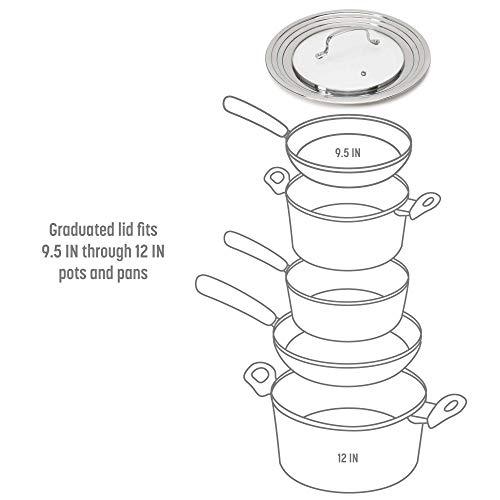 Goodful Universal Lid for Pots, Pans and Skillets, Tempered Glass Steam Vented, Graduated Rim Fits 9.5"-12" Cookware, Replacement Top, Dishwasher Safe, Stainless Steel and Glass - CookCave