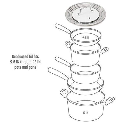 Goodful Universal Lid for Pots, Pans and Skillets, Tempered Glass Steam Vented, Graduated Rim Fits 9.5"-12" Cookware, Replacement Top, Dishwasher Safe, Stainless Steel and Glass - CookCave