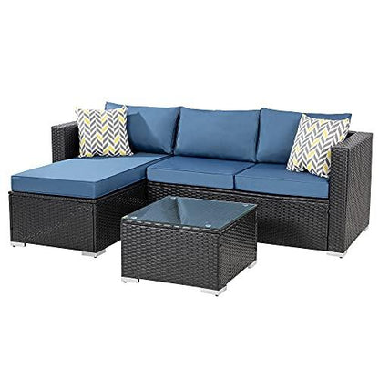 Shintenchi Patio Furniture Sets 3 Pieces Outdoor Sectional Sofa Black All-Weather Rattan Wicker Sofa Small Patio Conversation Couch with Washable Cushion and Glass Table(Aegean Blue) - CookCave