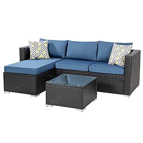 Shintenchi Patio Furniture Sets 3 Pieces Outdoor Sectional Sofa Black All-Weather Rattan Wicker Sofa Small Patio Conversation Couch with Washable Cushion and Glass Table(Aegean Blue) - CookCave