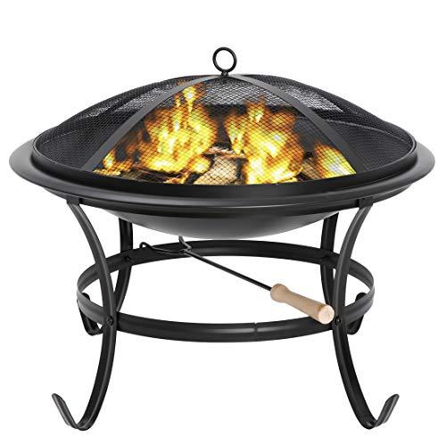 22Inches Fire Pit Outdoor Steel Wood Burning BBQ Grill Firepit Bowl Fireplace with Mesh Screen & Fire Poker, Log Grate - CookCave