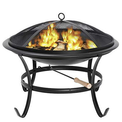 22Inches Fire Pit Outdoor Steel Wood Burning BBQ Grill Firepit Bowl Fireplace with Mesh Screen & Fire Poker, Log Grate - CookCave