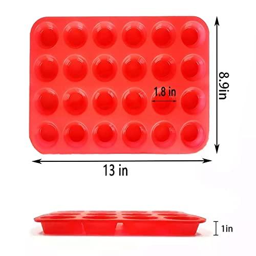 Mini Muffin &Cupcake Set, 24 Cups 2-Pieces, Nonstick Silicone Baking Pan, BPA Free and Dishwasher Safe, Great for Making Muffin Cakes, Tart, Bread (24 Cups Red,2 PCS) - CookCave