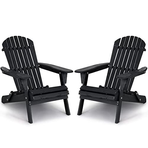 Folding Adirondack Chair Set of 2 Patio Chairs Weather Resistant Folding Outdoor Chair Solid Wooden Heavy Duty Reclining Fire Pit Chair for Deck, Lawn, Backyard, Garden-Black - CookCave