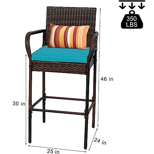 Sundale Outdoor Wicker Bar Stools Set of 4, 4 Piece Rattan Counter Chairs with Back Rest Pillow, Patio Pub Chair with Arms, Cushion Turquoise, All-Weather Outside Furniture - Steel, Brown - CookCave