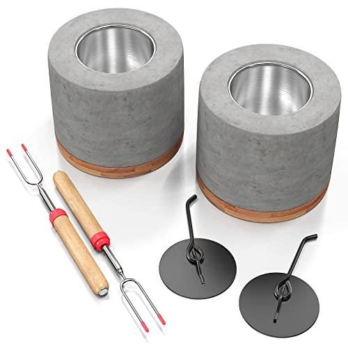 2 Pack Gardenix Decor Concrete Tabletop Fire Pit with Bamboo Base; Burns Ethanol and Multiple Fuels; 2 Extending Marshmallow Roasting Stick Forks; Table Top Fire Pit Bowl/Mini Tabletop Fireplace - CookCave