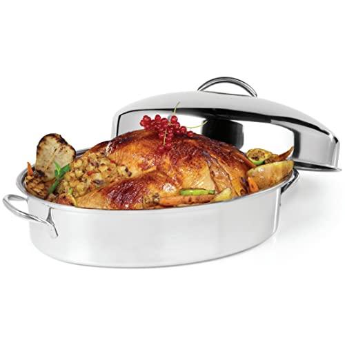 Ovente Kitchen Oval Roasting Pan 16 Inch Stainless Steel Baking Tray with Lid & Rack, Dishwasher Safe Portable Roaster for Oven Cooking Grilling Turkey Chicken at Home or Thanksgiving Silver CWR32161S - CookCave