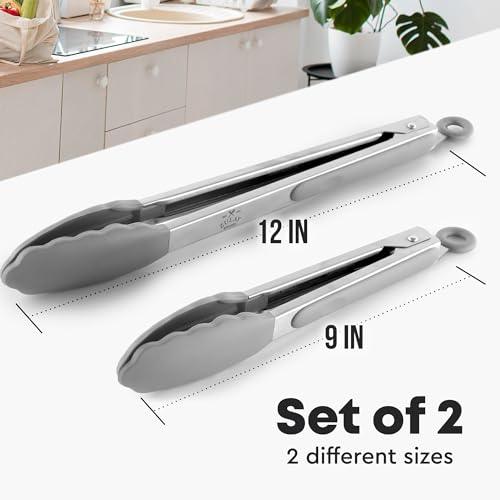 Zulay Kitchen Heat Resistant BBQ Kitchen Tongs Stainless Steel (9" & 12") - 2 Piece Non-Scratch Silicone Tip - Salad Tongs With Strong Grip for Grabbing Food - Easy Pull Lock - Silver/Gray - CookCave