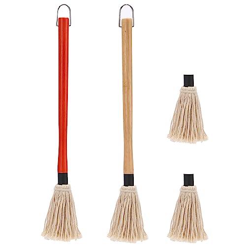 2 Pack 18 inch Grill Basting Mop with Wooden Long Handle and 2 Extra Replacement Brushes for BBQ Grilling Smoking Steak (Nature Wood & Brown) - CookCave