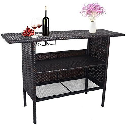 BalanceFrom Outdoor Patio Wicker Bar Counter Table Backyard Furniture with Shelves and Rails - CookCave