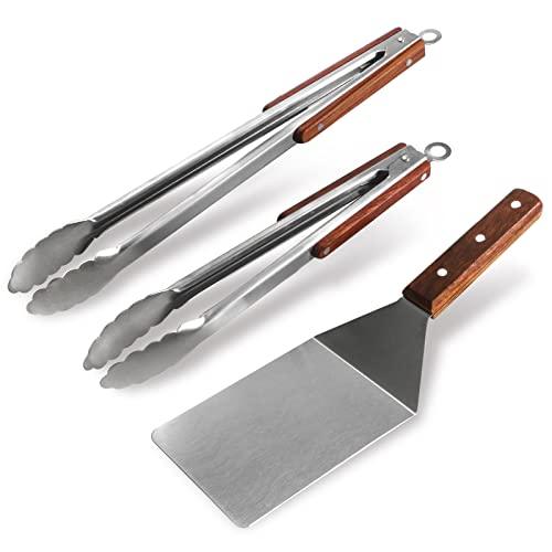 Tongs and Spatula Set of 3, Heavy Duty Stainless Steel Kitchen Tongs 12"/16" & Metal Spatula 4 x 5.5 with Wood Handle for BBQ Grill Flat Top Griddle, Professional Grill Accessories Gift - CookCave