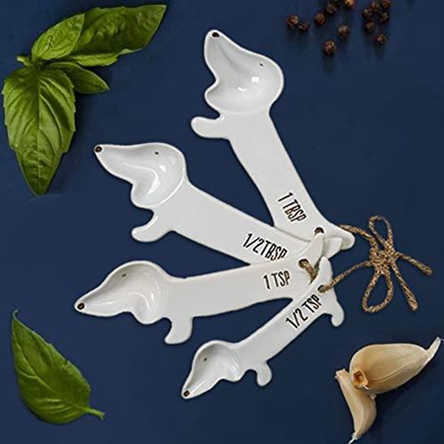 White Ceramic Dog Themed Kitchen Utensils: Measuring Cups and Spoons, Spoon Rest for Countertop - Cute Kitchen Accessories (Dog Measuring Spoons) - CookCave