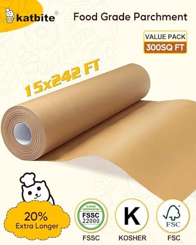 Katbite 15in x 242ft, 300 Sq.Ft Unbleached Parchment Paper Roll for Baking, Parchment Baking Paper with Serrated Cutter, Non-stick Longer Parchment Roll for Cooking, Air Fryer, Steaming, Bread - CookCave