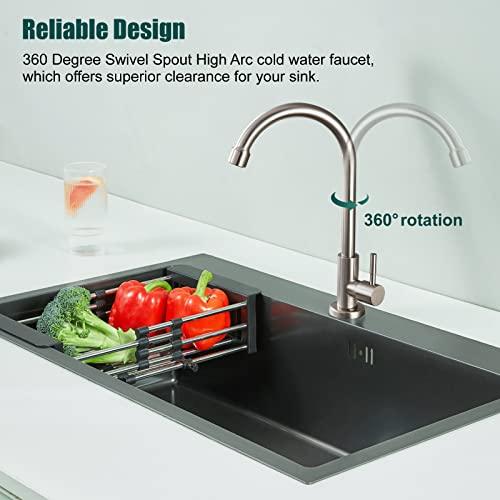 Heyalan Brushed Nickel Kitchen Faucet Cold Water Only 1 Hole Single Handle 360 Degree Swivel Spout Deck Mount High Arc SUS304 Sink Bar Tap Goose Neck with Hose and Longer Thread Pipe - CookCave