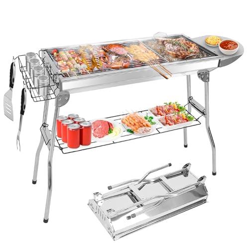 TeqHome Portable Charcoal Grill, Upgraded Folding Large Barbecue Charcoal Grill W/Board Shelf & Flavoring Storage Basket, Stainless Steel Frame, for 8 People Picnic Garden Terrace Camping Travel Use - CookCave