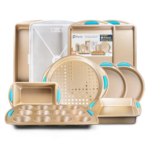 Perlli Baking Pan 10 Piece Set Nonstick Gold Steel Oven Bakeware Kitchen Set with Silicone Handles, Cookie Sheets, Round Cake Pans, 9x13 Pan with Lid, Loaf Pan, Deep Pan, Pizza Crisper, Muffin Pan - CookCave
