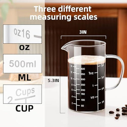 PARACITY 2 Cup Glass Measuring Cup, Liquid Measuring Cups with three Scale and V-Shaped Mouth, Glass Coffee Cups with Handle, Glass Beaker for Kitchen or Restaurant 500 ML - CookCave