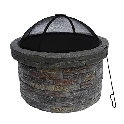 Teamson Home Round Stone Look Steel Outdoor Fire Pit Outside Wood Burning Firepit Bonfire with Spark Screen, Firebowl, Poker, Charcoal Grill for Patio Garden Backyard BBQ, 27 Inch, Dark Gray/Brown - CookCave