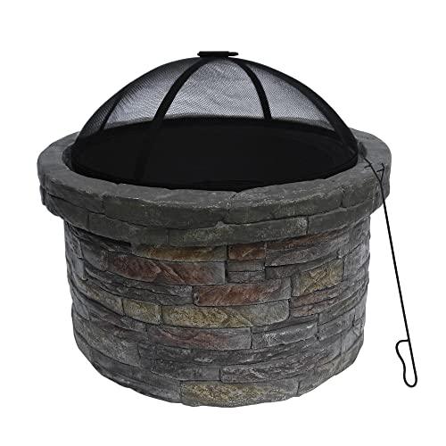 Teamson Home Round Stone Look Steel Outdoor Fire Pit Outside Wood Burning Firepit Bonfire with Spark Screen, Firebowl, Poker, Charcoal Grill for Patio Garden Backyard BBQ, 27 Inch, Dark Gray/Brown - CookCave