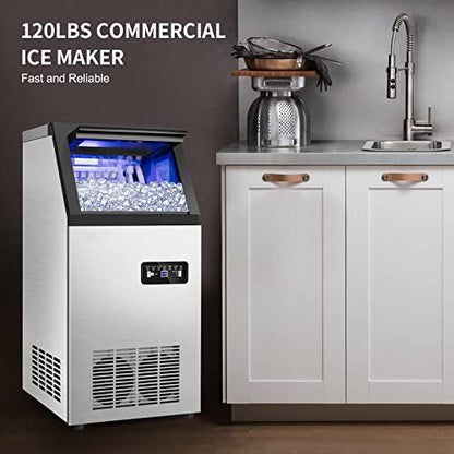 Commercial Ice Maker Machine 120Lbs/24H with 35Lbs Ice Capacity, 45Pcs Clear Ice Cubes Ready in 11-20Mins, Stainless Steel Under Counter Freestanding Large Ice Machine, 2 Water Inlet Modes - CookCave