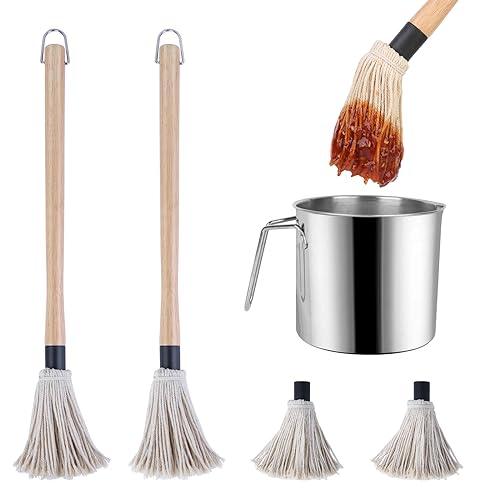 BBQ Sauce Pot and Basting Brush Set, 61oz Stainless Steel Sauce Pan & Basting Mop Brush, Gifts for Griller & Barbecue Cooking Accessories, with 2Pcs Wooden Long Handle Sauce Mops and 2Pcs Replacements - CookCave