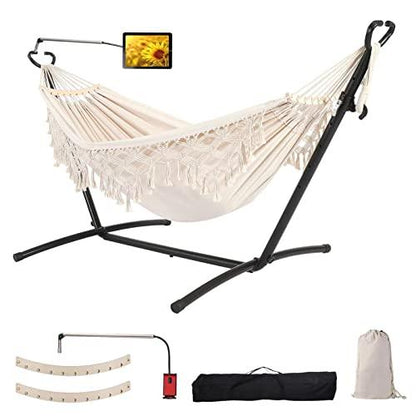 SXSEAGLE Double Hammock with Stand Upgraded Phone Holder Portable Heavy Duty Stainless Steel Indoor Outdoor Patio Yard Beach with Carrying Case （2022 Beige） - CookCave