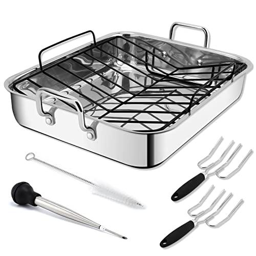Kanmart Roasting Pan with Nonstick Rack - 16-Inch Stainless Steel Rectangular Turkey Roaster Set - CookCave