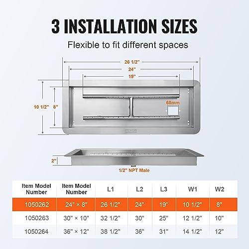 VEVOR 24 x 8 inch Drop-in Fire Pit Pan, Rectangular Stainless Steel Fire Pit Burner Kit, Propane Gas Fire Pan 120,000 BTU with H-Burner for Indoor or Outdoor Use - CookCave