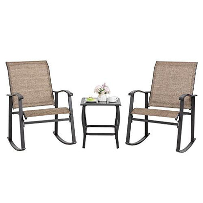 Shintenchi 3 Piece Rocking Bistro Set, Outdoor Furniture with Rocker Chairs and Glass Coffee Table Set of 3, Balcony, Porch Furniture for Small Space, Brown - CookCave