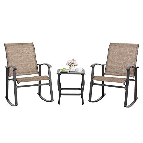 Shintenchi 3 Piece Rocking Bistro Set, Outdoor Furniture with Rocker Chairs and Glass Coffee Table Set of 3, Balcony, Porch Furniture for Small Space, Brown - CookCave