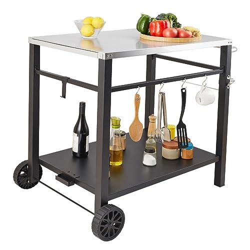 VEVOR Outdoor Grill Dining Cart with Double-Shelf, BBQ Movable Food Prep Table, Multifunctional Stainless Steel Table Top, Portable Modular Carts for Pizza Oven, Worktable with 2 Wheels, Carry Handle - CookCave