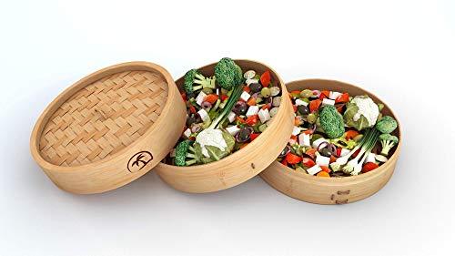 DEALZNDEALZ 3-Piece Bamboo Steamer Basket with Lid 10-inch 2-Tier, 50 Perforated Bamboo Steamer Liners with 2-Pairs of Bamboo Chopsticks - CookCave