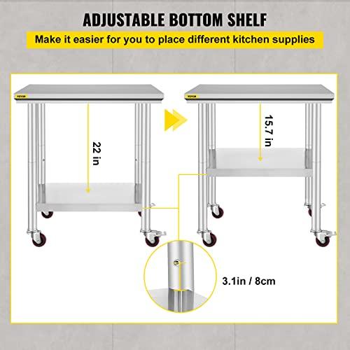 Mophorn Stainless Steel Work Table with Wheels 24 x 30 x 32 Inch Prep Table with 4 Casters Heavy Duty Work Table for Commercial Kitchen Restaurant Business - CookCave