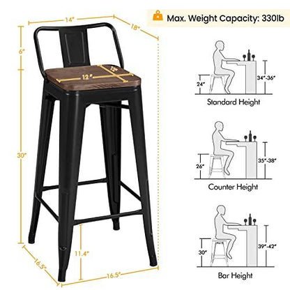 Yaheetech 30" Metal Barstools Set of 4 Bar Height Bar Stools with Wooden Top Low Back Industrial Bar Stools Metal Stool for Indoor-Outdoor Counter Stools with Wooden Seat Matte Black - CookCave