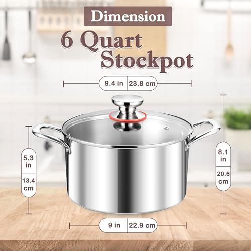 Herogo 6 Quart Stock Pot, 18/10 Stainless Steel Pasta Pot with Lid, 6 QT Cooking Pot with Handles, Tri-Ply Stockpot for Induction Gas Electric Stove, Dishwasher Safe - CookCave