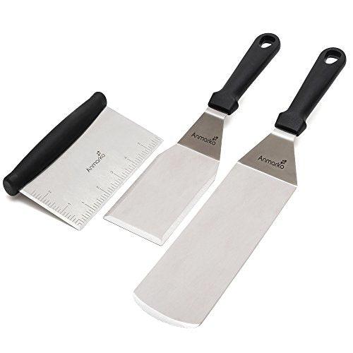 Metal Spatula Stainless Steel and Scraper - Professional Chef Griddle Spatulas Set of 3 - Heavy Duty Accessories Great for Cast Iron BBQ Flat Top Grill Skillet Pan - Commercial Grade - CookCave