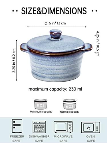 Henten Home Ceramic 8 oz Ramekins with Lid, Porcelain Mini Cocotte with Handle Set of 4, Reactive Glaze Samll Casseroles Dishfor Baking, Custard Cup, Pudding, Crème brûlée (Light Blue) - CookCave