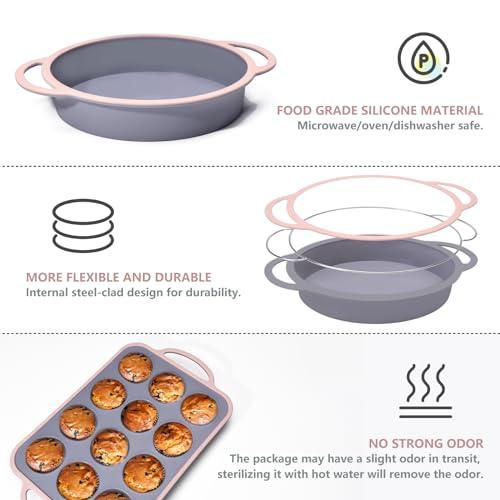 Silicone Bakeware Sets, 10in1 Silicone Baking Pans Set, Baking Set, Bundt Cake Pan Set Muffin Pan with Silicone Spatulas Pastry Brush Oven Mitts Whisk, Silicone Baking Pan Set for Cheesecake (Pink) - CookCave