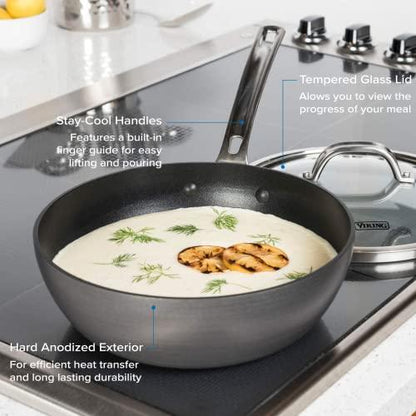 Viking Culinary Hard Anodized Nonstick 3-Ply Saucier Pan, 3 Quart, Includes Glass Lid, Dishwasher, Oven Safe, Works on All Cooktops including Induction - CookCave