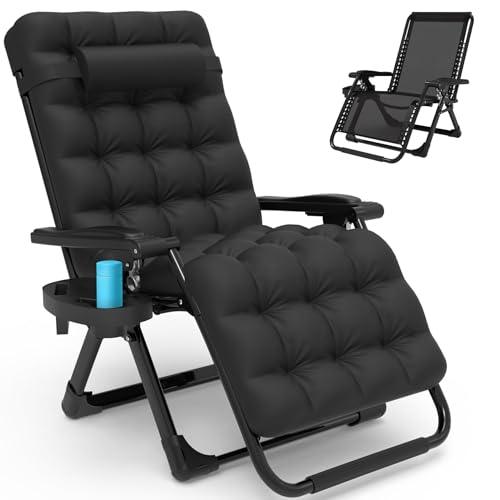 Slendor Zero Gravity Chairs Indoor, 26Inch Wide Zero Gravity Recliner with Removable Cushion, Cup Tray, Outdoor Folding Reclining Lounge Chair for Patio, Office, Lawn,Support 440lbs, Black - CookCave