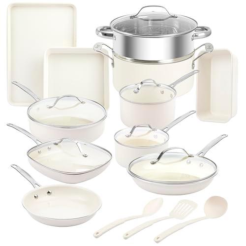 Gotham Steel 20 Pc Ceramic Pots and Pans Set Non Stick Cookware Set, Kitchen Cookware Sets, Non Toxic Ceramic Cookware Set + Bakeware, Lightweight Pot and Pan Set, Oven & Dishwasher Safe – Cream White - CookCave