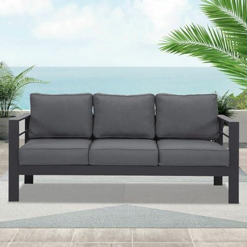 Wisteria Lane Patio Furniture Aluminum Sofa, All-Weather Outdoor 3 Seats Couch, Gray Metal Chair with Dark Grey Cushions - CookCave