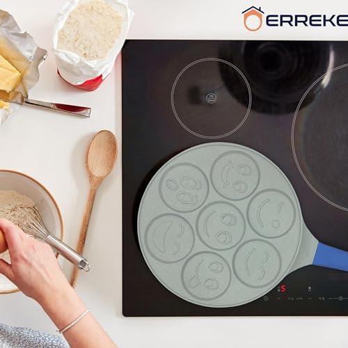 Erreke Nonstick Pancake Pan, 7 Smiley Face Pancake Griddle, Soft Touch Handle Fun Breakfast for Kids, 10.2 in Crepe Pan for Gas Stoves (Blue Color) - CookCave