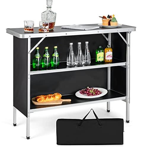 Giantex Folding Camping Table, Aluminum Portable Bar Table 43.5''L x 34.5''H, 2-Tier Open Storage Shelves, Removable Oxford Cloth, Carrying Bag, Foldable Picnic Table for BBQ Outdoor Party (Black) - CookCave