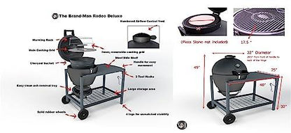 Brand-Man Grills Rodeo Deluxe Steel Kamado with Large Prep Cart | 20in Cooking Cast Iron Cooking Surface | Temperature Gauge and 3 Tool Hooks - CookCave
